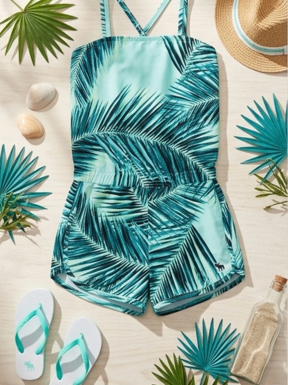 Abercrombie Kids Palm Print Swimsuit Romper 9/10 Crisscross Straps Pool to Play